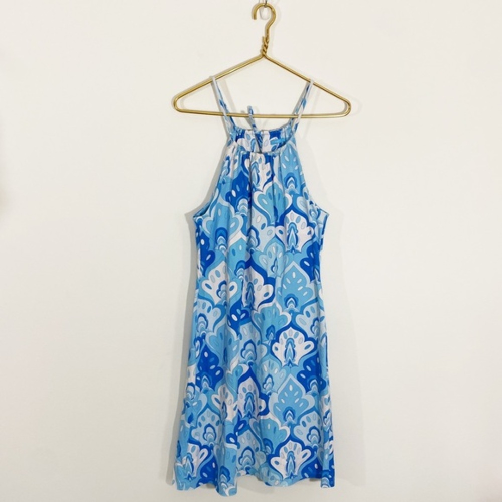J. McLaughlin‎ Medium Blue Geometric Halter Dress Catalina Cloth Knee Length
